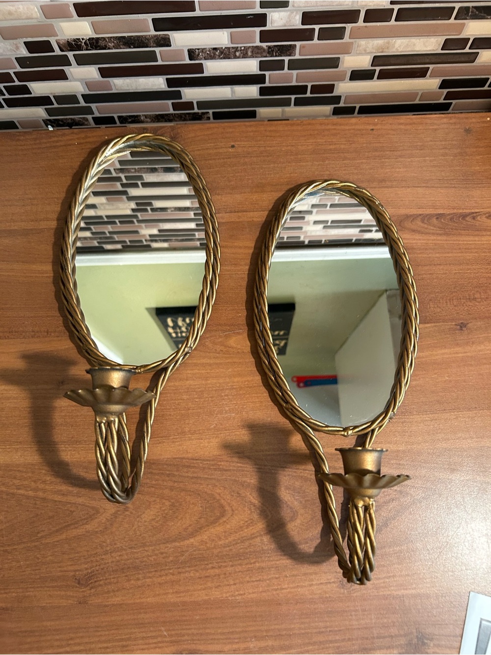 Vintage Gold Oval Wall Mirrors with Candle Holder — Set of 2